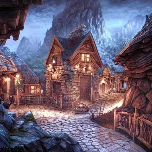 a fantasy town underground, Fantasy village, wooden...