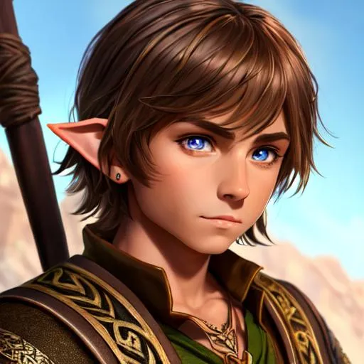 Prompt: oil painting, fantasy, hobbit boy, tanned-skinned-male, beautiful, short bright brown hair, straight hair, stoic, pointed ears, looking at the viewer, thief wearing intricate leather amor, #3238, UHD, hd , 8k eyes, detailed face, big anime dreamy eyes, 8k eyes, intricate details, insanely detailed, masterpiece, cinematic lighting, 8k, complementary colors, golden ratio, octane render, volumetric lighting, unreal 5, artwork, concept art, cover, top model, light on hair colorful glamourous hyperdetailed medieval city background, intricate hyperdetailed breathtaking colorful glamorous scenic view landscape, ultra-fine details, hyper-focused, deep colors, dramatic lighting, ambient lighting god rays, flowers, garden | by sakimi chan, artgerm, wlop, pixiv, tumblr, instagram, deviantart