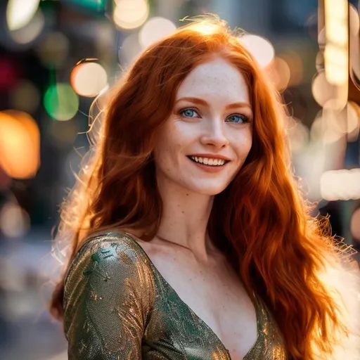 Prompt: highly detailed beautiful 30 year old woman, long red hair and bright emerald bright green eyes, standing in the city, modern, soft lighting, smiling, joyous, 105mm, Creative Bokeh, Close Up – long focal length, low-angle, 3d ray tracing, daytime background, golden hour, direct backlighting, rim lighting, outdoor lighting, subsurface scattering unreal engine 5, octane render, trending on artstation, deviant art, brown tones, 4k, cute freckles, seductive, fashionable,