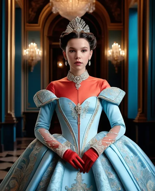 Prompt: Millie Bobby Brown in Rokoko Style, the main subject is a young woman who bears a striking resemblance to Millie Bobby Brown, She is seen in an opulent, Rococo-inspired mood painted by a blend of Artgerm and Rubens, breathtaking white rokoko updo hair, wearing an elaborate dress in vibrant winter colors. The dress is rich in architectural details and voluminous, adding to the grandeur of the image. This portrayal of the young woman is either a painting, showcasing her in an indoor palace setting. The background is teeming with an abundance of intricate and ornate elements, further accentuating the luxurious ambiance. The description aims to convey the exceptional quality of the image, capturing the viewer's attention through its extraordinary attention to detail and the lavishness it exudes.