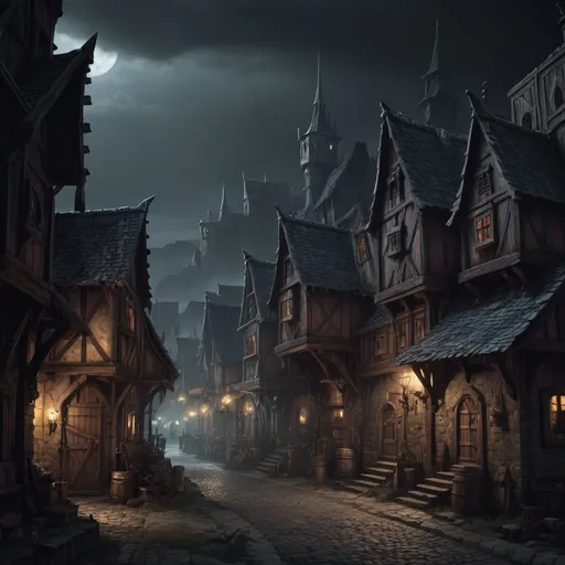 Prompt: Warhammer fantasy rpg style town in dark mood