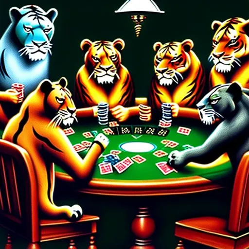 Prompt: Lion, tiger, panther, big cats playing poker
