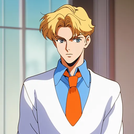 Prompt: 90's anime, cel shaded. A young blonde man wearing a white sweater over a blue collared shirt. He wears an orange ascot on his neck