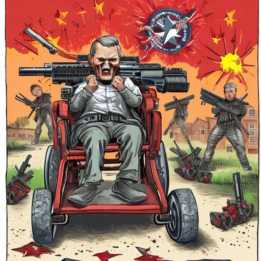 Prompt: Texas-Governor Abbot  in wheelchair with a machine gun hands AR15 weapons to blood-dripping small troubled kids, small children, red Texas map with texas star, rifles, school classroom scene, bright colored, Sergio Aragonés MAD Magazine cartoon style