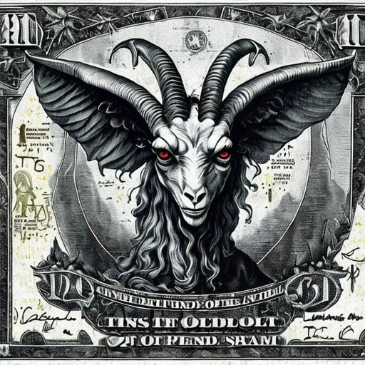 Prompt: baphomet, alchemical, occult, knights Templar, goat head, fiat banking, pyramid eye monster crying blood,, dollar bill printing, debt, bankers, blood driping, chains, slavery, evil