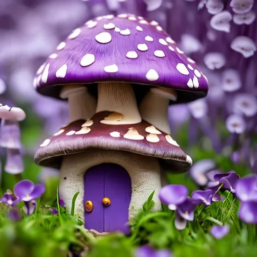 Prompt: Mushroom house surrounded by violets