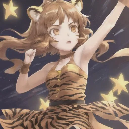 Prompt: girl with brown tiger ears and star mark on her head dancing