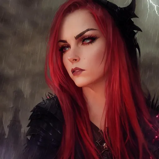 Prompt: cinematic portrait, dungeons & dragons, final fantasy concept art, watercolor, HD photography, (((beautiful goth warrior woman with realistic face, detailed face))), standing in a dark thunderstorm with lightning, battleworn, intricate steel broadsword, angry face, rage, vengeance, heavy black metal armour, (pale skin, angular eyebrows), ++[thick lips], dark hair, black hair, powerful pose, crimson,  high contrast, ethereal, royal vibes, 3D lighting, castle, ruins, rubble