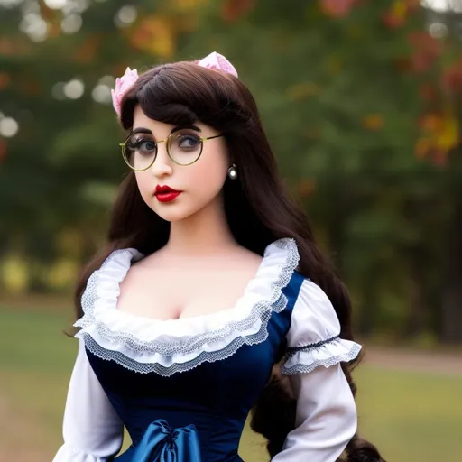 Prompt: A woman turned into a doll, wearing a victorian dress and spectacles.