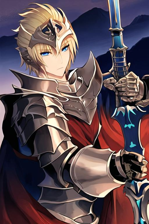 tall blonde boy knight armor without helmet with a c... | OpenArt