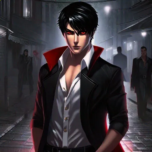 Prompt: Damien (male, short black hair, red eyes) stalking someone, with sadistic look on his face