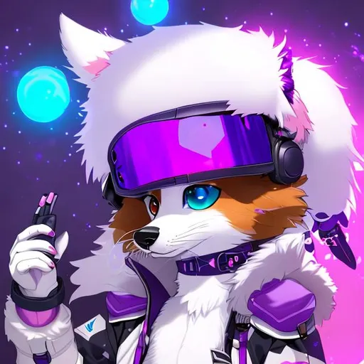 Prompt: highres, fursona, male, collie, chibi, blush, goggles, white and purple fur, purple eyes, blue pupil