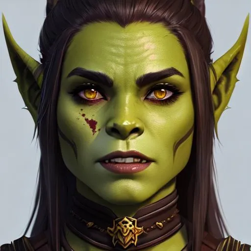 Prompt: portait, 25 years old, orc girl, green skin girl, bones hair clip, big fangs, brown messy hair with dark brown highlight, gold eyes, orc armor, blood stains, scars, orc camp, warpaints, digital painting, artstation, smooth, concept art, ethereal, digital painting, artstation, concept art, smooth, concept art, badass, ethereal, wild hair, royal vibe, highly detailed, detailed and intricate background, digital painting, Trending on artstation, Big Eyes, artgerm, highest quality stylized character concept masterpiece, award winning digital 3d oil painting art, hyper-realistic, intricate, 64k, UHD, HDR, image of a gorgeous, beautiful, dirty, highly detailed face, hyper-realistic facial features, perfect anatomy in perfect composition of professional, long shot, sharp focus photography, cinematic 3d volumetric