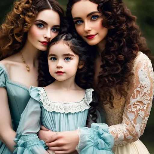 Prompt: Two people Woman Dark brown long hair, with pale skin,blue eyes, with 35 years , and a little girl, red curly hair,18th century aesthetic