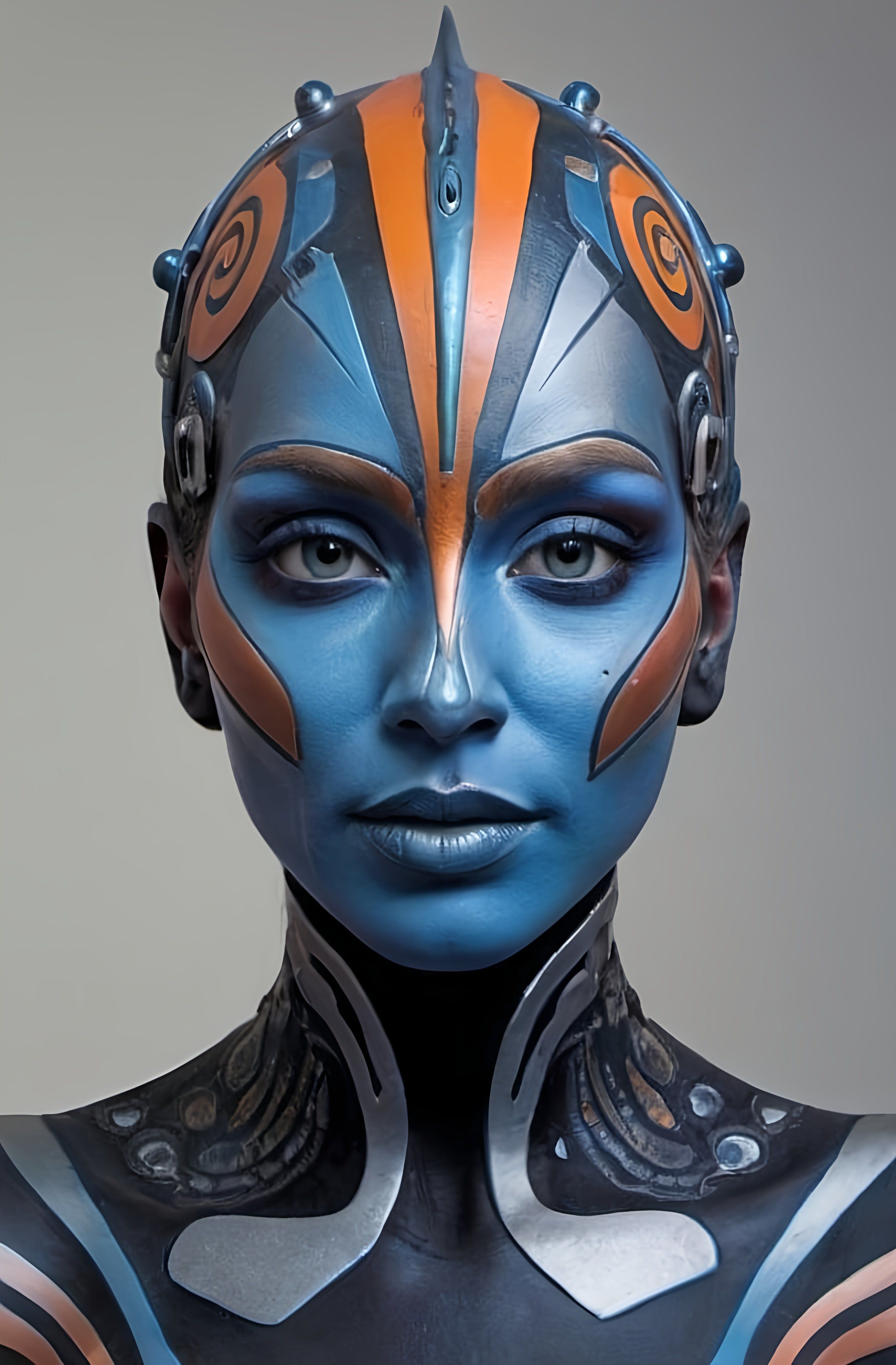 Prompt: a woman with blue and orange makeup and a futuristic look on her face and body, with a futuristic design on her face, figurative art