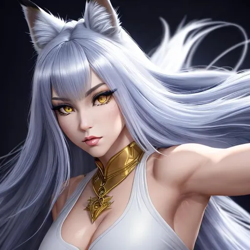 Prompt: A female neko in fighting pose, intricate facial detail, hyperrealistic full body pose, hyperrealistic ethereal, dark blue and long hair, white lynx ears, sharp jaw, hyperrealistic golden cat eyes , hyperrealistic human nose, hyperrealistic lips, ethereal, divine, hyperrealistic face, hyperrealistic pale skin, intricate eye detail, pale skin, (dark blue latex outfit), fringeless, forehead showing, highly detailed concept art, high resolution scan, hd octane render, intricate detailed, highly detailed face, unreal engine, trending on artstation, UHD, 8k, Very detailed