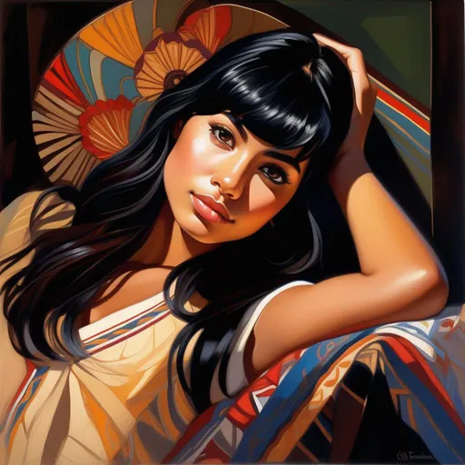 Prompt: Facial portrait of a young Chilean woman, olive skin, black hair, bangs, dark brown eyes, cartoony style, extremely detailed painting by Greg Rutkowski and by Henry Justice Ford and by Steve Henderson 
