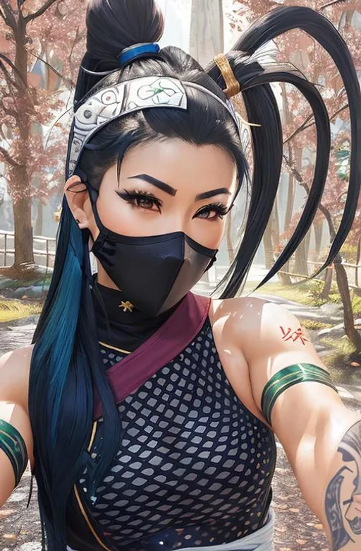 Prompt: a painting of a woman with a ninja star in her hand, fighting game character, portrait of Ibuki from Street Fighter, martial artist dryad, akali, hadouken, official character art, wielding kunai, inspired by Ju Lian, jin kagetsu, ninja face mask, concept game character