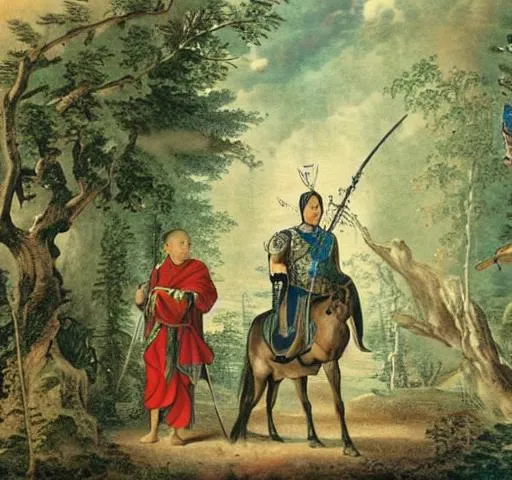 Prompt: An Asian warrior on horseback, clad in armor, meeting with an European monk in a green and lush forest