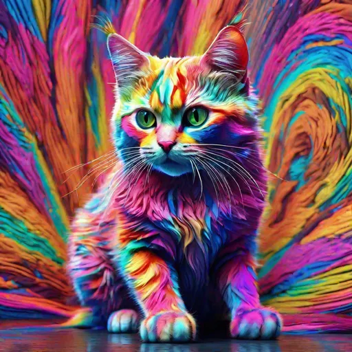 Prompt: Vibrant colourful cat, portrait, glaring, psychedelic colors, realistic, hyper detailed, highly detailed fur, 8k, full body, UHD, best quality, high quality, highly detailed, detailed background, artstation