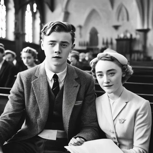 Prompt: Saoirse Ronan and Jack Lowden an 1950s couple attending a Sunday Church service.
