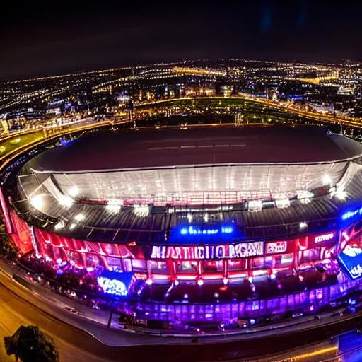 Soccer stadium, neon, nighttime, crowded, game, dron... | OpenArt