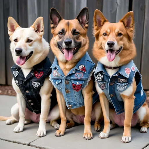 Prompt: dogs wearing a heavy metal music denim vest with patches in a group 