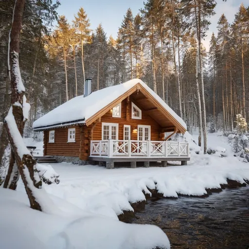 Prompt: In Norway a cabin in the middle of a snowy forest, cozy home background, wooden cottage, solitary cottage in the woods, cottage in the woods, luxurious wooden cottage, cosy enchanted scene, quaint, cozy and calm, cottage in the forest, cozy place, cozy atmosphere, beatiful house, soothing and cozy landscape, a brick cabin in the woods, little cottage