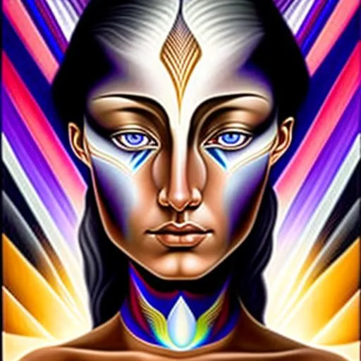 Prompt:  The geometric background is backlit in the style of Alex Grey, the foreground is in the style of Botticelli. A beautiful indigenous  woman, with gray hair, four gray-colored eyes, one set of eyes over the top of the other set of eyes