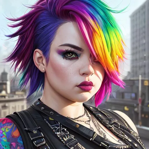 Prompt: Portrait of {a female punk} with {rainbow} hair and with stunning plump face, {city}, perfect composition, hyperrealistic, super detailed, 8k, high quality, trending art, trending on artstation, sharp focus, studio photo, intricate details, highly detailed, by greg rutkowski