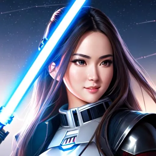 Prompt: UHD, hd , 8k,  anime, hyper realism, Very detailed, zoomed out view, futuristic cityscape, Star Wars, holding a lightsaber spear weapon, concept art, clear visible face, full character in view, clear visible face, Hyper realistic cartoon style of beautiful woman, happy face expression