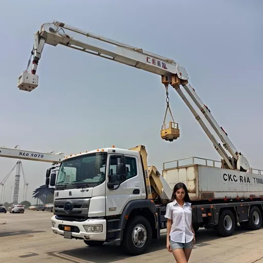 Prompt: beautiful girl wear white shirt, with a Crane truck