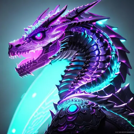 Prompt: portrait of a roaring neon skeleton dragon with iridescent black markings and a cute face, perfect composition, hyperrealistic, super detailed, 8k, high quality, trending art, trending on artstation, sharp focus, studio photo, intricate details, highly detailed