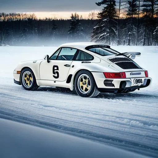 Prompt: porsche 959 rallying on ice, cinematic lighting, mist in background