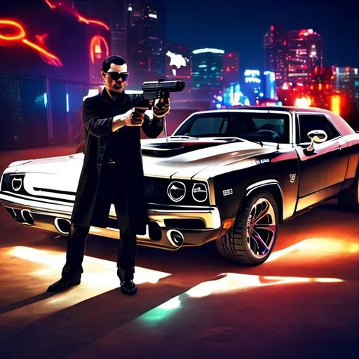 A man in black coat having a gun i standing beside a dodge challanger which is parked at a night clu