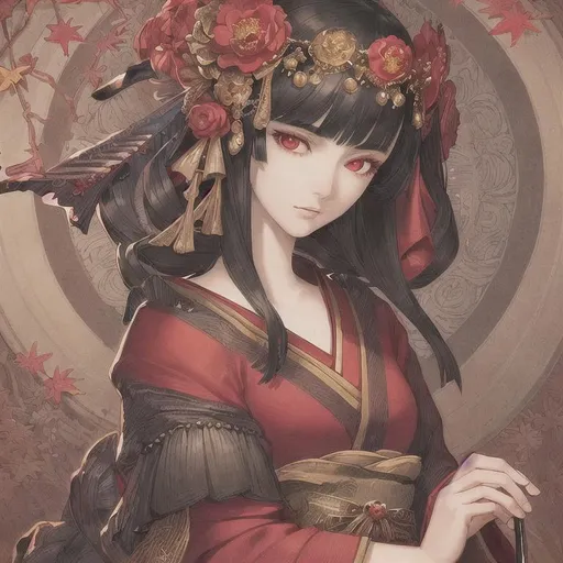 Prompt: masterpiece, illustration, best quality:1.2), 1girl, solo, black hair, elegant, finely detailed, detailed face, toned face, beautiful detailed eyes, beautiful detailed shading, beautifully detailed background, red eyes, fallen leaf, autumn, red kimono, flower hair ornament