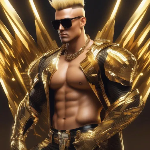 Prompt: ((best quality)), ((masterpiece)), a scantily clad muscular man, with sunglasses, golden cybernetic arms, blond mohawk, sly grin, full body,