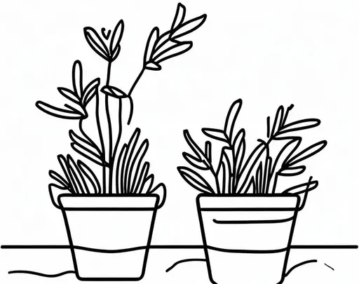 Prompt: a continuous line drawing which is a single, unbroken line is used to develop the image.  please draw a bucket with 5 stems of greenery .  Use only one continuous line to draw the outline of the bucket and stems 