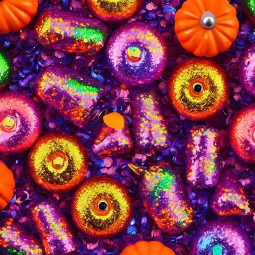 Prompt: Miniature Sequins and Halloween objects in the style of Lisa frank