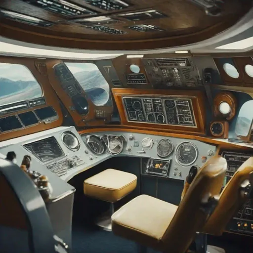 Prompt: Late 1950s, 1960s Retro-Futuristic spaceship cockpit in the style of "2001: A Space Odyssey". Detailed, 4k