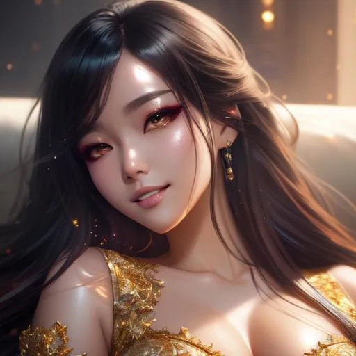 Prompt: splash art, by Greg rutkowski, hyper detailed perfect face,

beautiful kpop idol lying down, full body, long legs, perfect body,

high-resolution cute face, perfect proportions,smiling, intricate hyperdetailed hair, light makeup, sparkling, highly detailed, intricate hyperdetailed shining eyes,  

Elegant, ethereal, graceful,

HDR, UHD, high res, 64k, cinematic lighting, special effects, hd octane render, professional photograph, studio lighting, trending on artstation