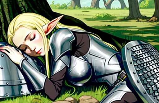 Prompt: Female Elf sleeping on back on the ground resting head on shield, chainmail, shield pillow 