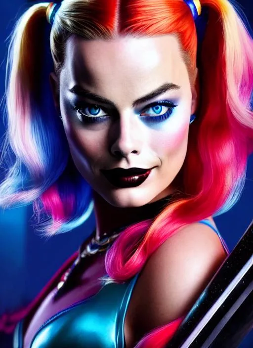 Prompt: Portrait of Margot Robbie as Harley Quinn with red and blue hair and with cute face, dark cityscape, perfect composition, hyperrealistic, super detailed, 8k, high quality, trending art, trending on artstation, sharp focus, studio photo, intricate details, highly detailed, by greg rutkowski