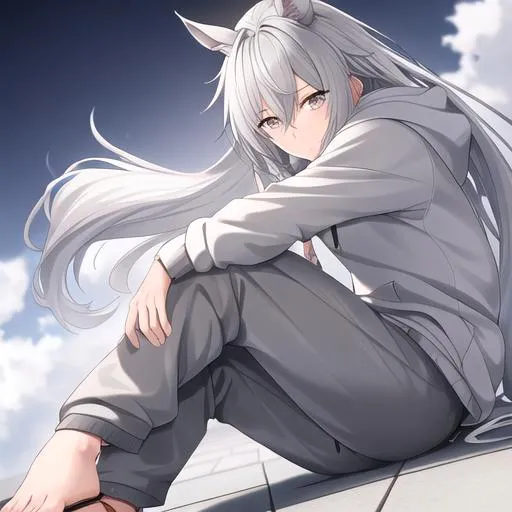 Prompt: Your OC is a little mangled horse, with gentle ash-gray eyes. He has long grey hair. Wearing a white hoodie. He is also wearing grey carpenter pants and also is wearing white flip flops. Masculine anime style. UHD, HD, 4K, highly detailed,