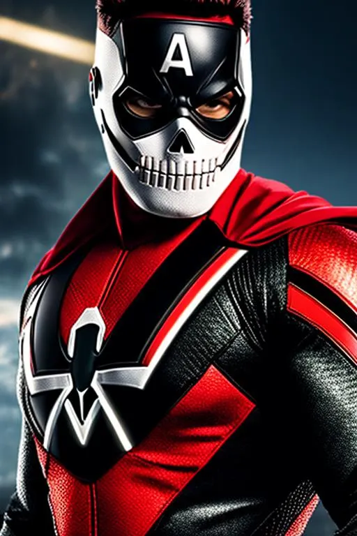Prompt: High-resolution hyperrealistic photo of superhero US-Agent merged with villain Crossbones, black and red and white costume, uhd, hdr, 64k