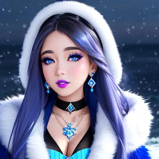 Prompt: Pokimane, blue lipstick, snowy beach, blue heart necklaces, Thick blue fur coat,  pleasant face, blue eyes, Black-purple eyeshadow, long diamond earrings. Cold color scheme, ultradetailed, 8k resolution, perfect, smooth, high quality, shiny. 