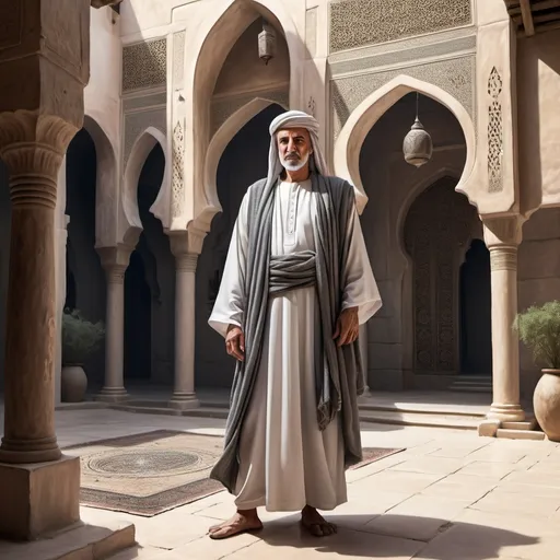 Prompt: Full body, Fantasy illustration of a male arab, 65 years old, short Grey hair, traditional garment, Indignant expression, high quality, rpg-fantasy, detailed, in a Arabian style courtyard 