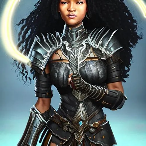 Prompt: A warrior woman knight with light black skin and braids in her black hair wearing armor with a glow around her. 