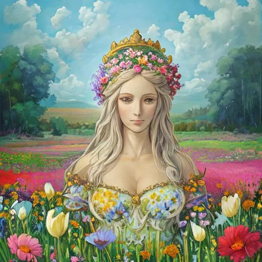 Prompt: A painting of a goddess in a field of flowers 