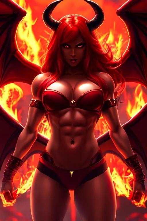 Prompt: Red-skinned Demon, Devil, Girl, Fit Body, Muscular, Demon Girl, Demon, Red Skin, Horns, Bat Wings, Fire and Brimstone, Succubus, Fire, Hell, High Quality, 8k, High Definition,